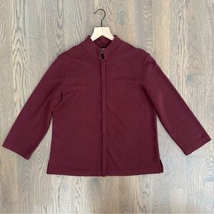 Eileen Fisher 100% Wool Boucle Knit Button Front Stand Collar Top in Cranberry S